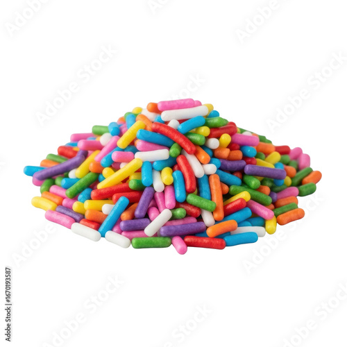 A small, neat pile of classic rainbow sprinkles (jimmies) in vibrant colors, macro shot on a transparent background with soft shadows, cheerful and appetizing mood