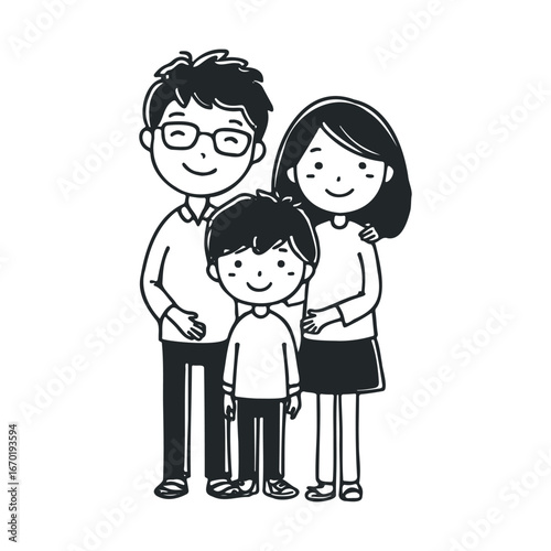 Illustrated happy family with asian parents and child smiling together