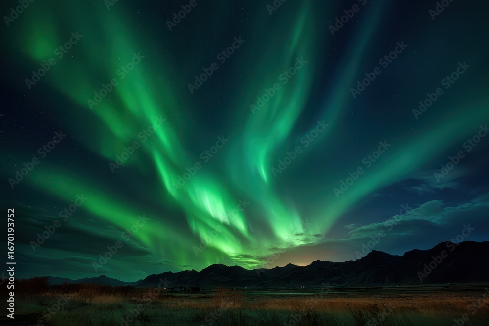 Naklejka premium Northern Lights Loop in Iceland: Awe-Inspiring Aurora Borealis Display in Green Light