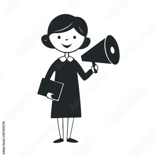 Female character holding megaphone and book icon black and white illustration