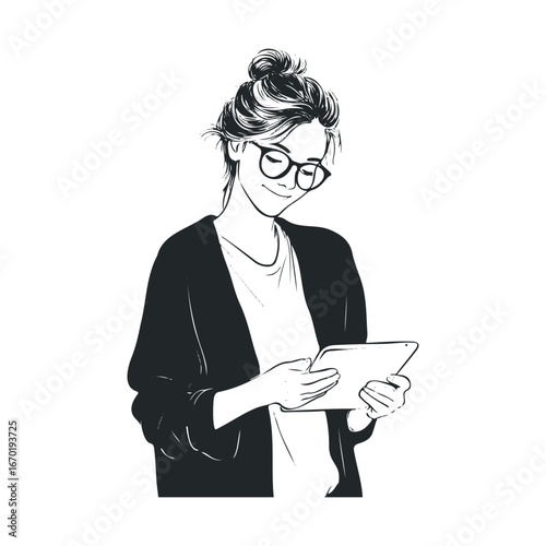Young caucasian female with glasses reading on tablet illustration