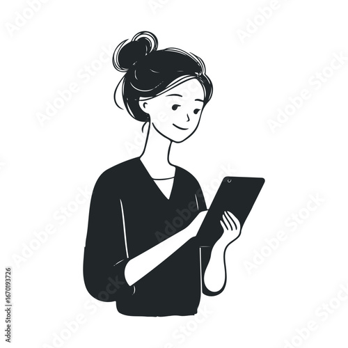 Young caucasian female cartoon character reading on tablet