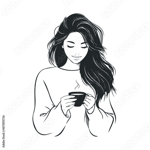 Smiling young asian female with long hair holding hot beverage cup