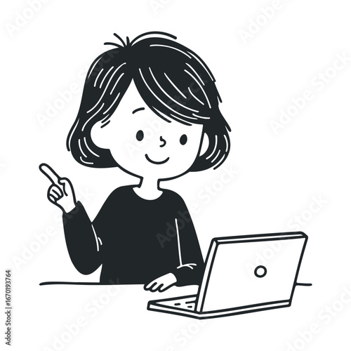 Illustration of a female child using laptop with happy expression