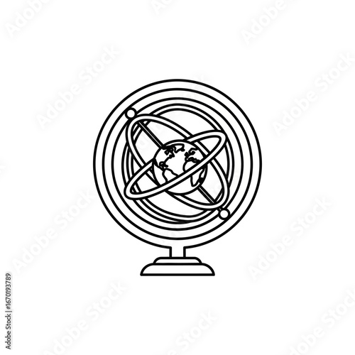 Ornate armillary sphere model displaying the world in a circular frame on a stand suitable for depicting science history global travel or advanced technology.