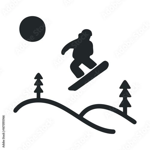 Silhouette of snowboarder jumping in snowy mountains under sunlight