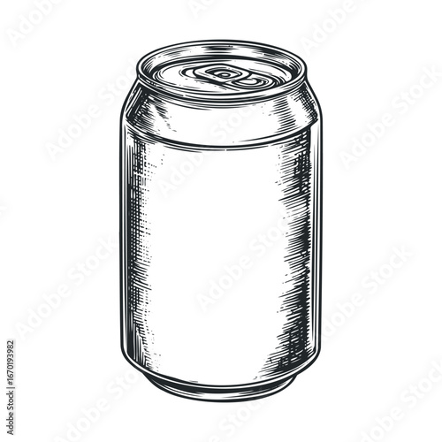 Hand-drawn monochrome illustration of a beverage can with detailed line art