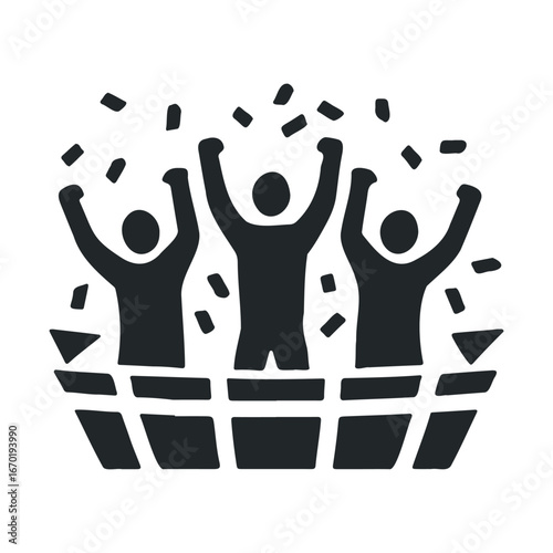 Three people celebrating in stadium icon with hands raised and confetti