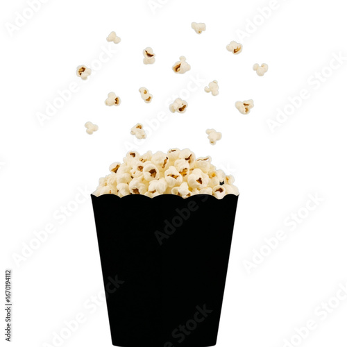 Freshly popped popcorn overflowing from a classic black box, perfect for movie night snacks!