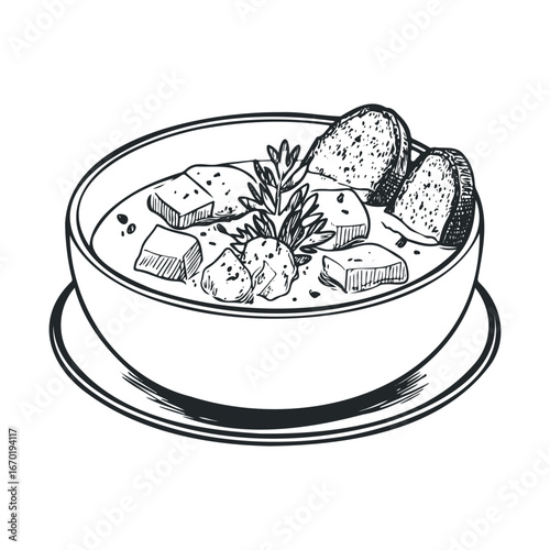 Illustration of tofu soup with croutons and herbs in a bowl