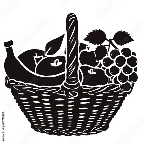 Fresh fruit basket overflowing with apples, grapes, and bananas, perfect for picnics and healthy living