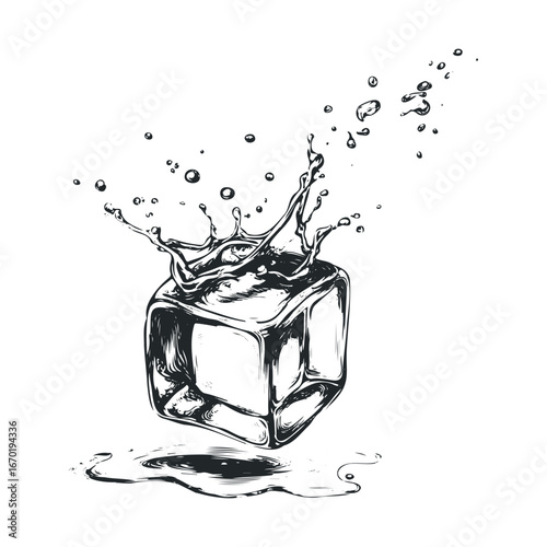 Dynamic splash of water around a floating ice cube with creative illustrative style