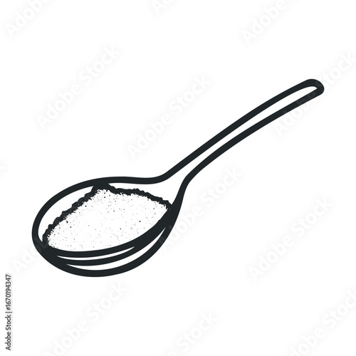 Black and white illustration of a spoon with granulated sugar