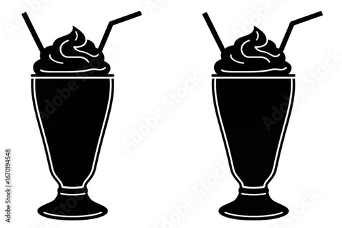 Delicious milkshake silhouettes with whipped cream and straws perfect for cafe menus and branding