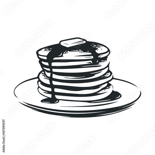 Stack of pancakes with syrup and butter on a plate - black and white illustration