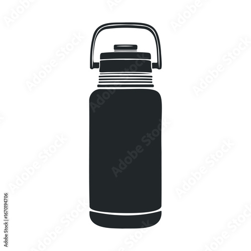 Black thermos bottle with handle on white background for outdoor and everyday use