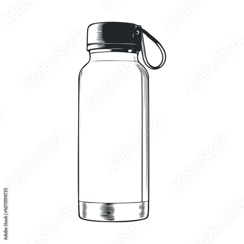 Monochrome illustration of insulated water bottle with handle loop