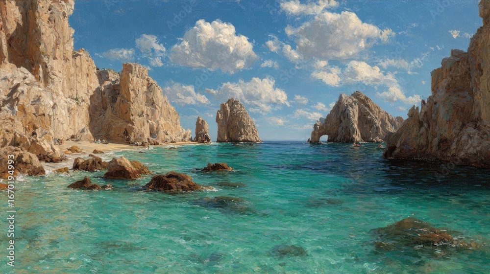 Fototapeta premium Coastal landscape painting of a turquoise bay with dramatic rock formations