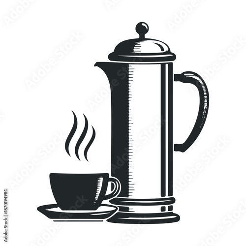 Vintage french press and coffee cup illustration with steam