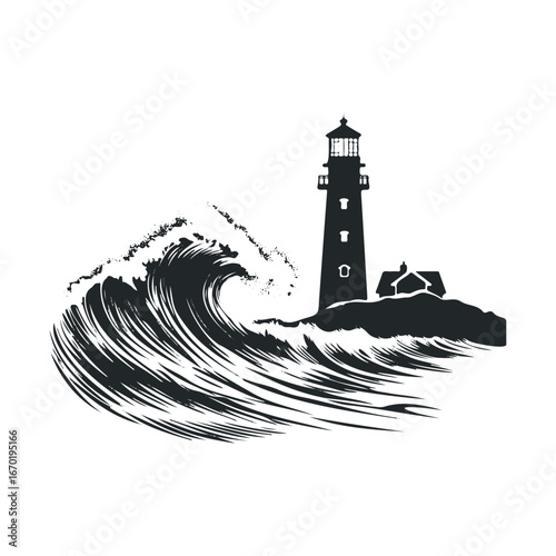 Silhouette of lighthouse and wave on rocky coastline