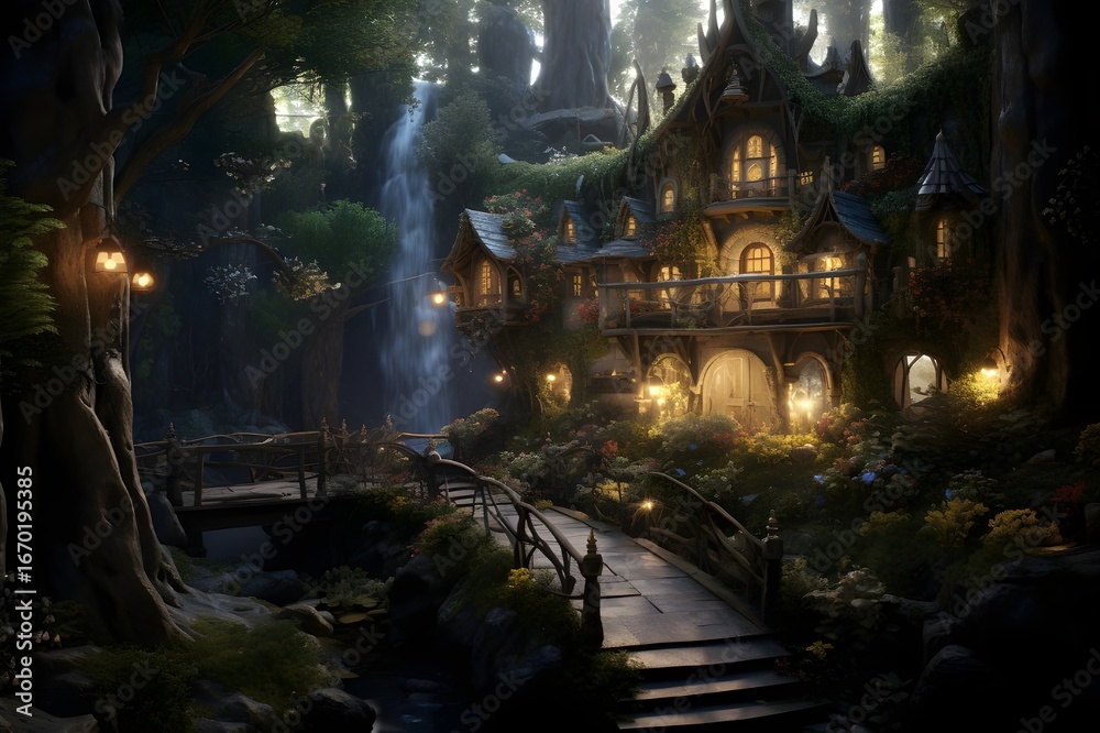 Fototapeta premium Enchanted Forest Haven, Magical Woodland Landscape, Mystical Nature Scene, Serene and Lush Fantasy Environment, 8K High-Resolution Digital Art