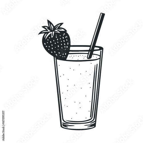 Strawberry smoothie sketch: tall glass with straw and berry garnish