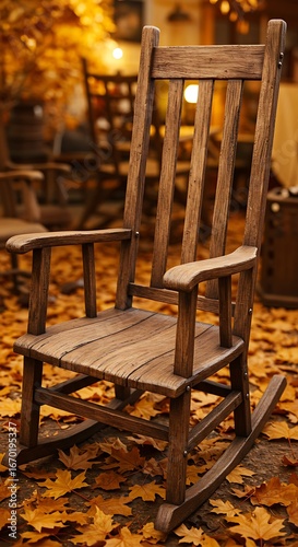 Close-up of antique wooden rocking chair, rustic weathered oak, surrounded by golden foliage, warm lighting, antique store