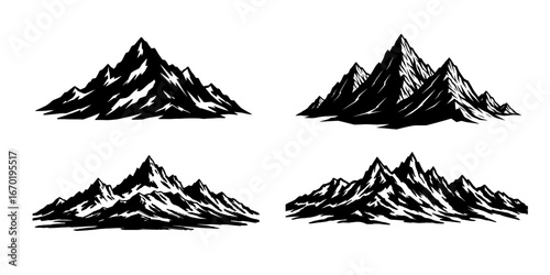 Four black and white mountain range illustrations mountains 1