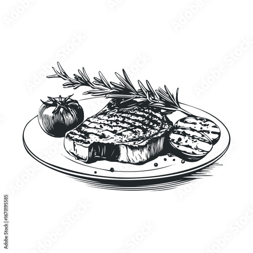 Grilled steak with herb garnish and vegetables on plate in black and white illustration
