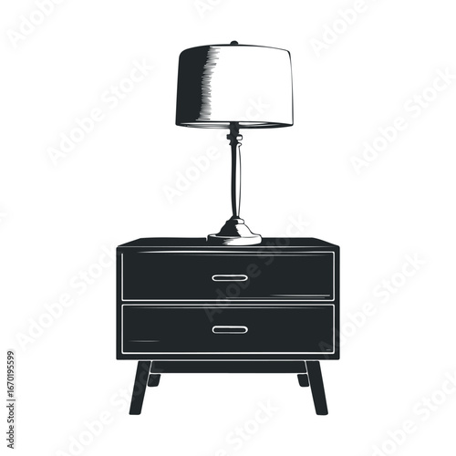 Black and white illustration of lamp on wooden nightstand with two drawers