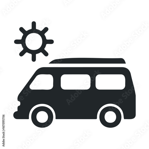 Black camper van icon with sun symbol on white background