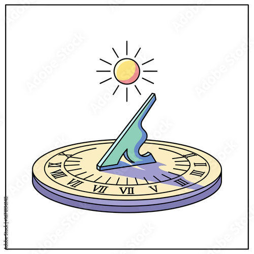 Sundial showing time under sunlight a vintage instrument on a garden pedestal indicating hours with shadows perfect for history blog and retro design.