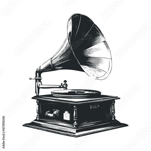 Vintage gramophone with horn speaker illustration on white background