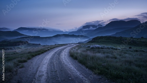Dirt road leading to misty hills and mountains at dawn