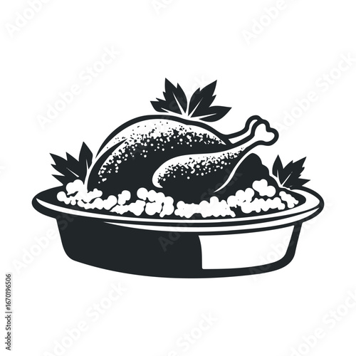 Roast turkey illustration with herbs on platter in black and white style