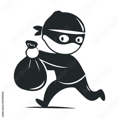 Cartoon thief in mask running with bag of loot