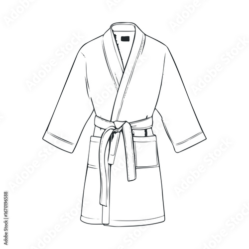 Simple white unisex bathrobe with pockets and belt in front view sketch