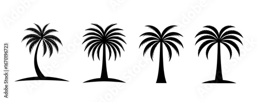 Four Black Silhouette Palm Trees on White Background