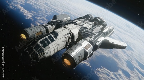 Wallpaper Mural Spaceship Orbiting Earth: A Futuristic Spacecraft Soaring Through the Cosmos Torontodigital.ca