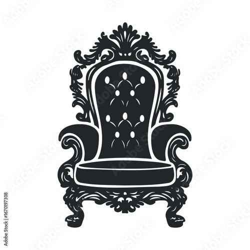 Ornate vintage armchair illustration with intricate floral carvings and button tufted upholstery