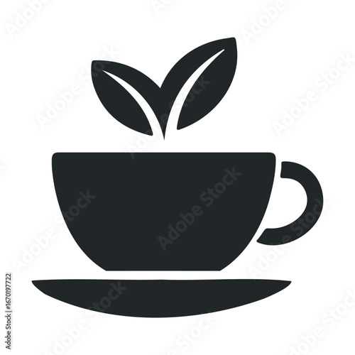 Black leaf tea cup silhouette on saucer icon design