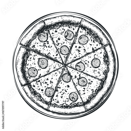 Hand-drawn black and white pizza illustration with pepperoni slices