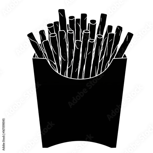 Crispy french fries in a black container, perfect for fast food restaurants and takeout menus