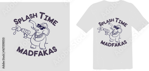 A cool cartoon elephant wearing sunglasses and a hat, holding a water gun