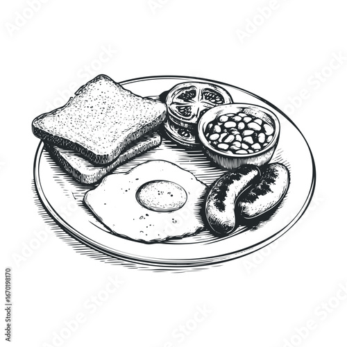 Classic english breakfast drawing with toast, eggs, sausages, beans, and tomatoes