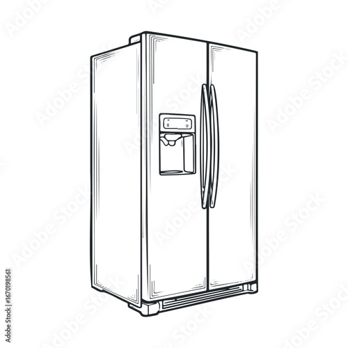 Detailed line art of modern double-door refrigerator with dispenser