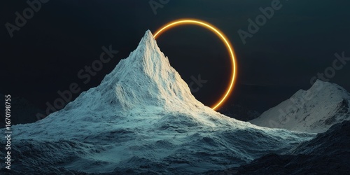 Conceptual divine mountain in white embraced by glowing golden ring and deep shadows