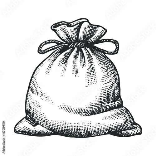 Vintage drawstring pouch illustration with detailed textured design