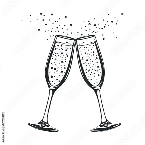 Two champagne glasses clinking with bubbles celebrating a toast