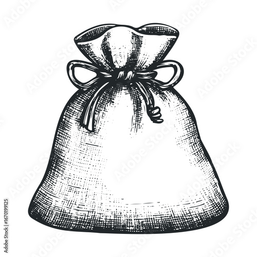 Vintage burlap sack sketch with drawstring and bow in classic black and white